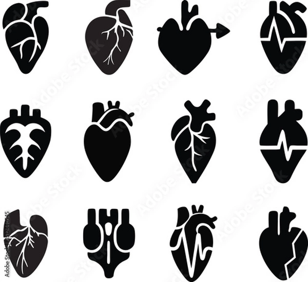 Obraz Black Anatomical Heart Icons Set Vector Medical & Artistic Symbols