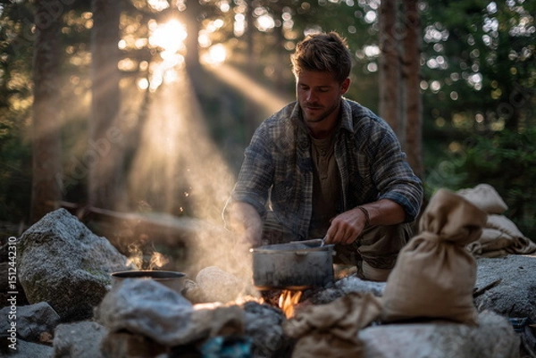 Obraz Man cooking over a small fire in a forest clearing, pot resting on stones, flannel shirt and weathered gear, sun rays through smoke.