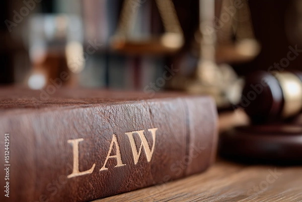 Obraz Close-up of the word 'LAW' embossed on a leather-bound legal book, wooden desk with gavel and scales in background, warm ambient lighting.