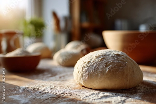 Obraz Close-up of raw bread dough resting on a floured wooden countertop, soft natural window light casting gentle shadows, realistic textures.