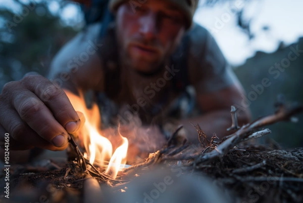 Obraz Solo hiker starting a fire with flint in the wilderness at dusk, small flames catching on dry tinder, focused expression, survival setting, cinematic lighting.