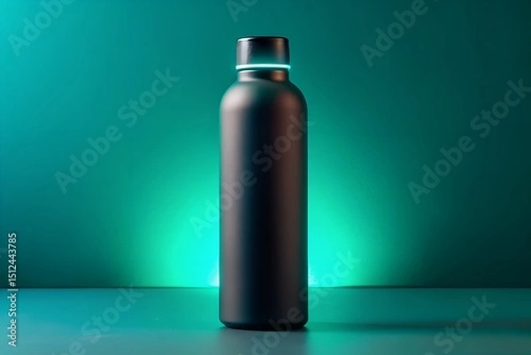 Obraz Matte Black Bottle with Neon Glow on Teal Background – Perfect for Product Advertising, Branding, and Packaging Design