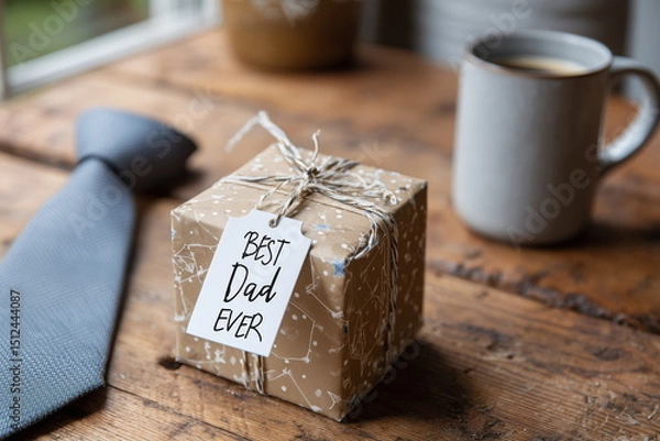 Obraz Wrapped Father’s Day gift box with a tag reading 'Best Dad Ever', placed on a rustic wooden table with a coffee mug and necktie, soft natural lighting.