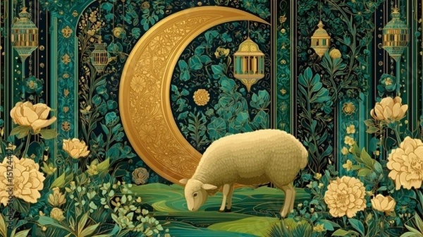 Obraz A serene Eid al-Adha visual with a sheep under a luminous crescent, surrounded by floral art and glowing lights in a lush digital design.