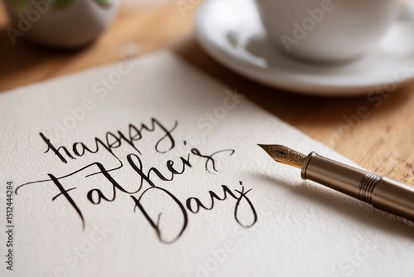 Obraz ‘Happy Father’s Day’ written in elegant calligraphy on a soft textured paper background, warm natural lighting, minimal decorative elements like a pen and coffee cup.