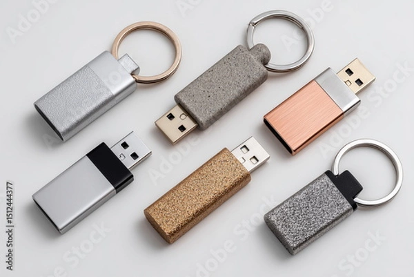 Fototapeta Flat lay of various USB flash drives with different designs swivel, key-shaped, rubberised, and metallic on a white background, evenly lit, high-resolution, realistic tech photo.