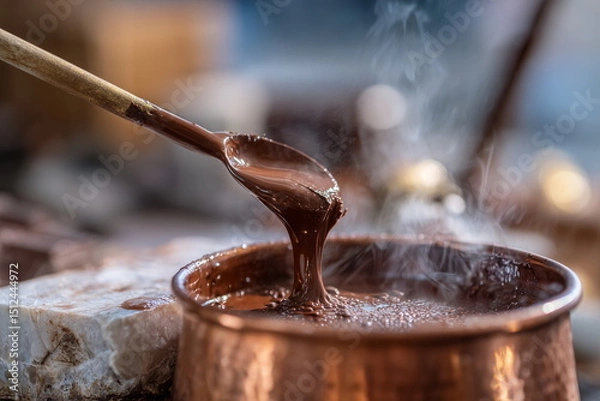 Obraz Close-up of melted chocolate being poured from a copper pot onto a marble slab, rich texture and steam rising, artisan chocolate making, realistic, warm studio lighting.