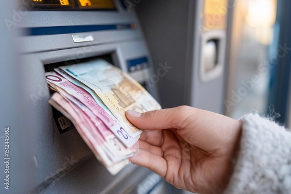 Obraz Close-up of a hand pulling cash from an ATM machine, focus on banknotes and ATM slot, modern ATM design.