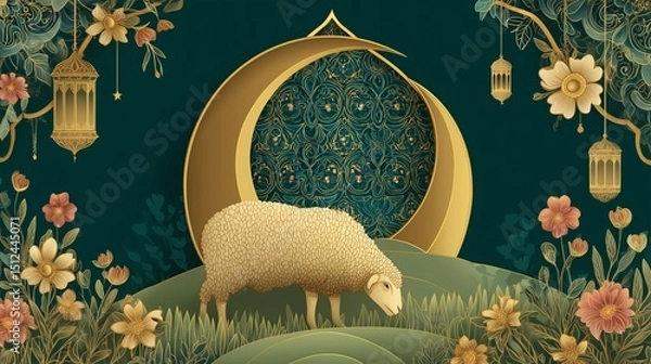 Obraz Graphic of a grazing sheep beneath a golden crescent on a green field, surrounded by lanterns and delicate Eid-themed floral decorations.
