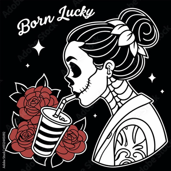 Fototapeta Celebrate life with this vibrant t-shirt design featuring a stylish skeleton woman, sipping a drink among beautiful roses. "Born Lucky" adds a playful touch to your casual wardrobe.