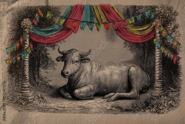 Obraz A cow rests under a decorative Eid arch with colorful flags and lights, depicted in classic engraving style with peaceful surroundings.