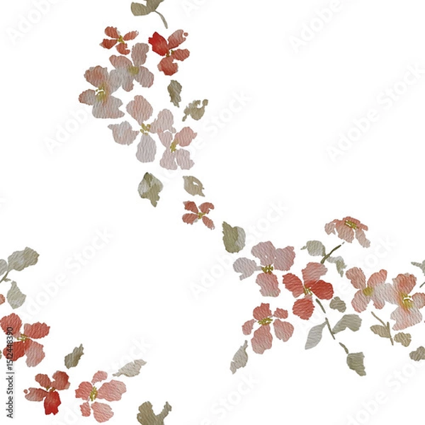 Fototapeta Delicate seamless pattern with a garland motif of flowers painted in watercolor on a white background	