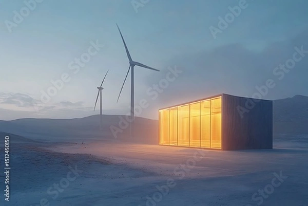 Obraz Cabin Glows in Snowy Landscape with Distant Wind Turbines at Dusk