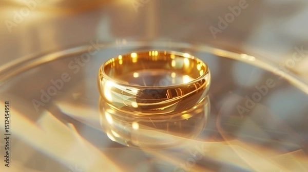 Fototapeta radiant gold ring delicately positioned on a pristine glass table, with soft golden reflections illuminating its contours