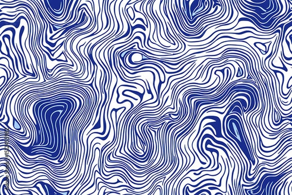 Fototapeta Abstract blue and white seamless pattern with warped contour lines and organic flow. Modern topographic-inspired design perfect for prints, fashion, packaging, and digital or interior design projects.