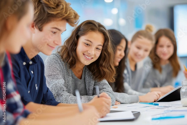 Fototapeta Group of diverse teenagers collaborating around a tablet, engaged in creative activities, with notebooks and colorful stationery on the table, showcasing teamwork and innovation
