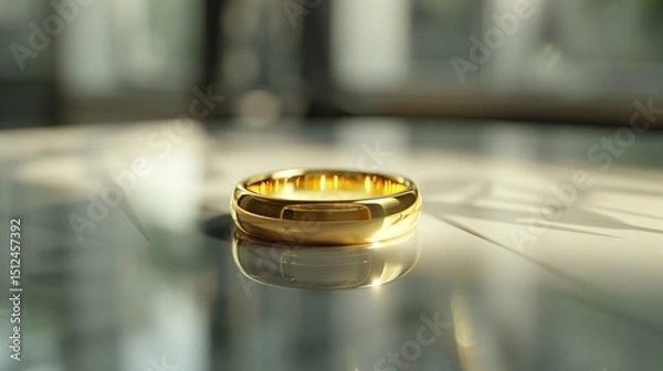 Fototapeta radiant gold ring delicately positioned on a pristine glass table, with soft golden reflections illuminating its contours