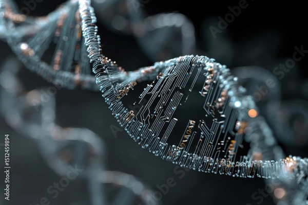 Fototapeta DNA double helix intertwines with digital circuit, evokes scientific marvel