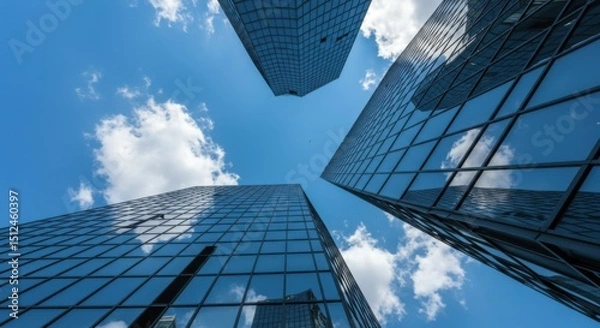 Fototapeta Low perspective of modern glass building reflecting sky and clouds.