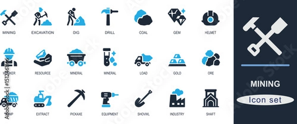 Fototapeta Flat black mining icon set featuring excavation, drill, pickaxe, helmet, ore, gem, coal, dump, and resource. Ideal for industry, crypto, and UI design.