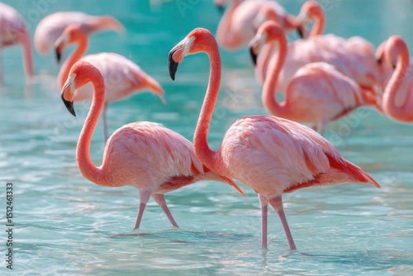 Fototapeta Graceful pink flamingos wading in shallow water, displaying serenity and beauty