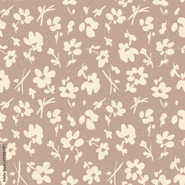 Obraz All over vector seamless repeat pattern with ditsy tossed cream flowers on light soft tan mocha mousse background. Simple and versatile retro cottage everyday ditsy floral backdrop. Shabby chic floral