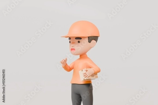 Fototapeta 3d Delivery courier man in orange uniform holding cardboard box icon. Safe delivery of goods concept. People minimal character illustration. Cartoon minimal style. Online delivery concept. 3d render.