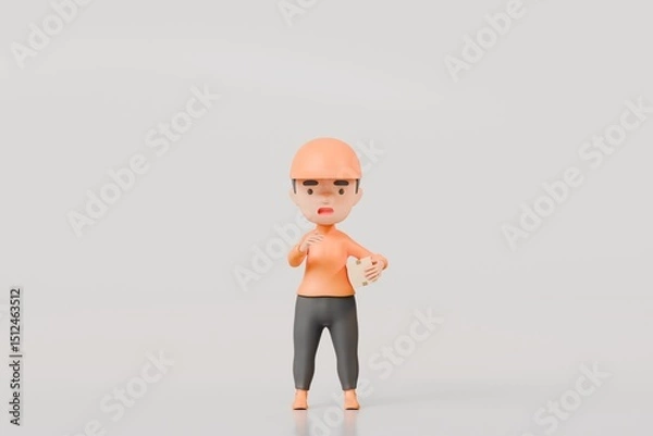 Fototapeta 3d Delivery courier man in orange uniform holding cardboard box icon. Safe delivery of goods concept. People minimal character illustration. Cartoon minimal style. Online delivery concept. 3d render.
