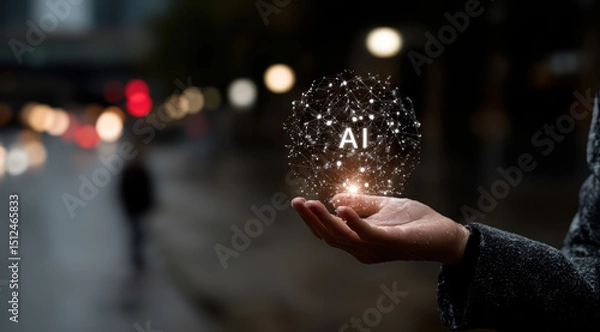 Fototapeta Human hand holds a glowing AI magic ball against the background of night city. Concept of artificial intelligence, metaverse, cyberspace, futuristic digital technology. 