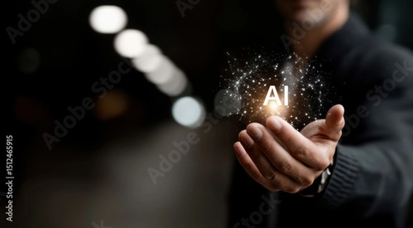 Fototapeta Human hand holds a glowing AI magic ball, bokeh background. Concept of artificial intelligence, metaverse, cyberspace, futuristic digital technology. 