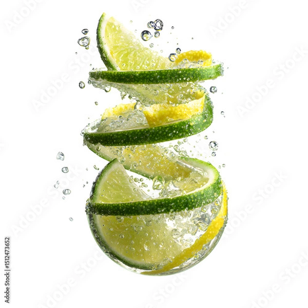Fototapeta Refreshing Lime and Lemon Slices Spiraling in Sparkling Water against a Black Background