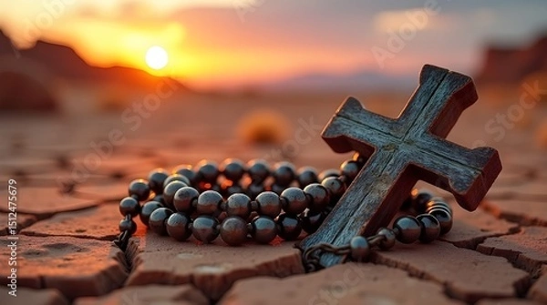 Fototapeta At sunset, a wooden cross and silver rosary stand on a cracked desert earth.