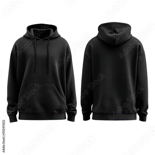 Obraz Plain black hoodie, front and back views.  Features a drawstring hood, kangaroo pocket, and long sleeves