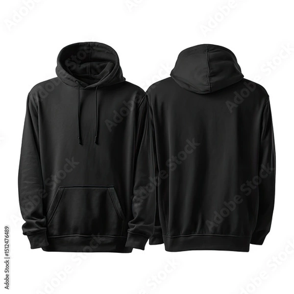Obraz Blank black hoodie, front and back views.  A simple, plain, dark gray/black sweatshirt with a drawstring hood, kangaroo pocket, and long sleeves