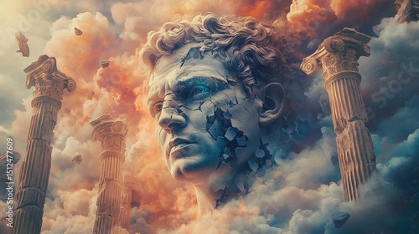 Fototapeta Psychedelic Julius Caesar with Fractured Face Amid Surreal Roman Columns and Legionaries