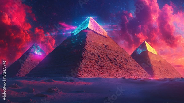 Fototapeta Psychedelic Floating Great Pyramid of Giza with Neon Colors and Historical Figures