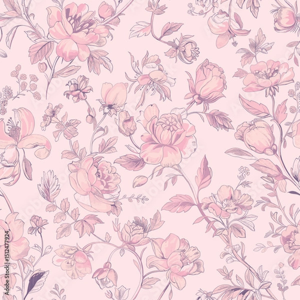 Fototapeta Pink Toile De Jouy Vintage Floral Seamless Pattern 06. Elegant Vector Graphics Print design
