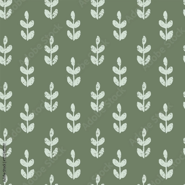 Obraz Seamless vector repeat pattern with tiny ditsy leaf branch half drop in light blue with slight weathered texture on olive green. Boho, simple, universal ditsy abstract botanical shapes.