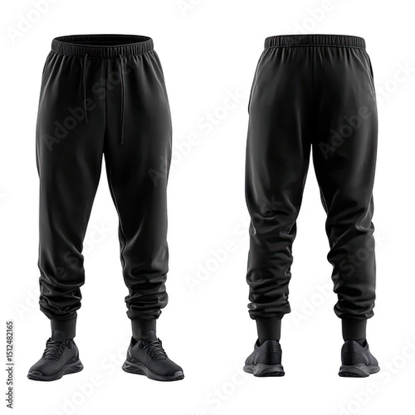 Obraz Men's black joggers, relaxed fit, featuring elastic waistband and cuffs, presented in a front and back view
