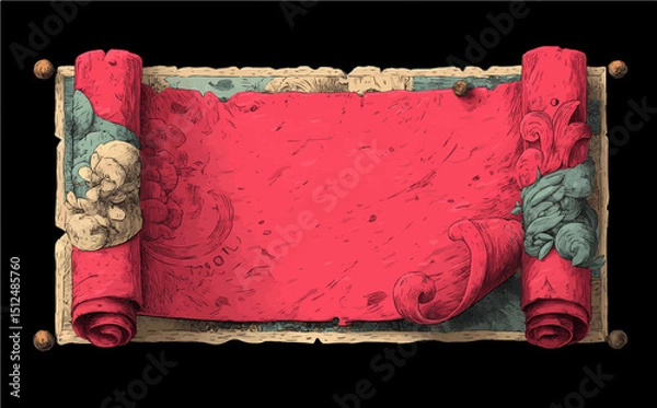 Fototapeta Vintage Red Scroll Vector with Rolled Edges and Ornament