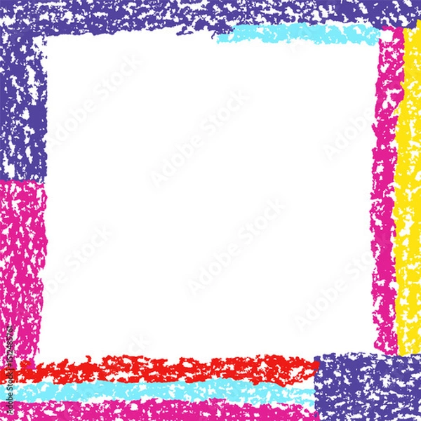 Fototapeta Abstract artistic square banner or frame background. Crayon hand drawn spots design element. Multicolor grunge texture. Pastel chalk or pencil vector trendy scribble strokes.
