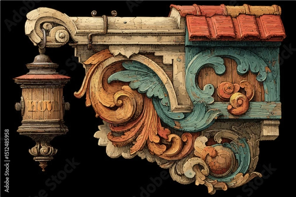 Fototapeta Vintage Ornamental Sign Vector with Scrollwork and Hanging Lantern