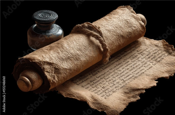 Fototapeta Ancient Scroll Vector with Ink Bottle and Torn Edges
