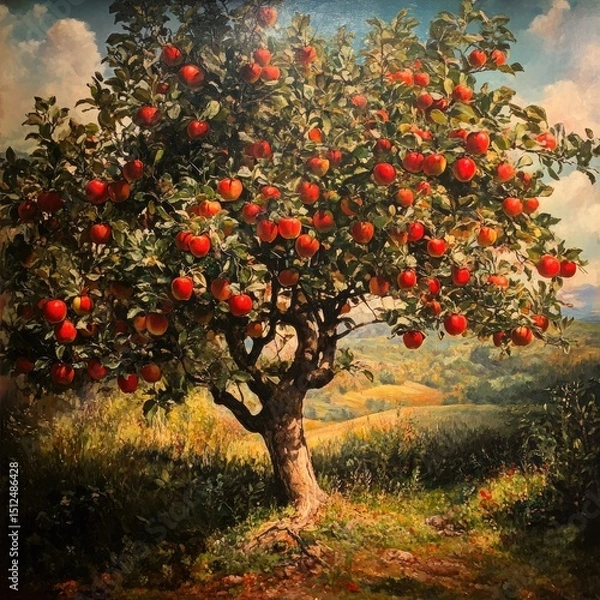 Fototapeta Lush apple tree laden with ripe fruit, set against a picturesque landscape