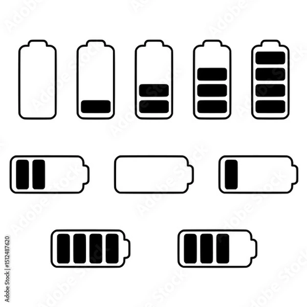 Obraz Set of modern and minimalist battery level indicator vector icons in various charging states. Ideal for UI/UX design, mobile apps, websites, or projects that require power status representation.