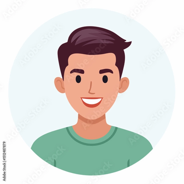 Obraz Cheerful male face icon in bright vector style. Clean lines, front-facing, circular design with simple features. Ideal for UI avatars, apps, and professional digital profiles.