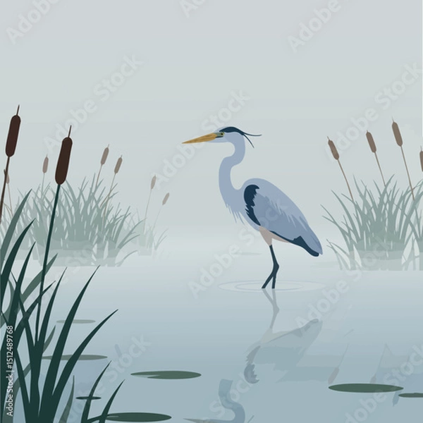Fototapeta Great blue heron standing in misty swamp with cattails and lilies vector illustration 