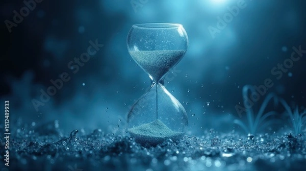 Obraz Surreal digital illustration of water hourglass with flowing droplets, artistic hyper-realistic style with deep blue atmospheric background

