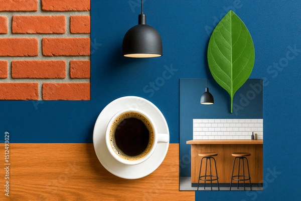 Fototapeta Cafe interior moodboard with red brick and green accents