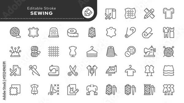 Obraz Sewing line icon set.  Handicraft, knitting, sewing, tailor, fabric, threads, sewing machine, needle, pattern, mannequin and more. Outline vector icon in linear style. Pictogram collection	